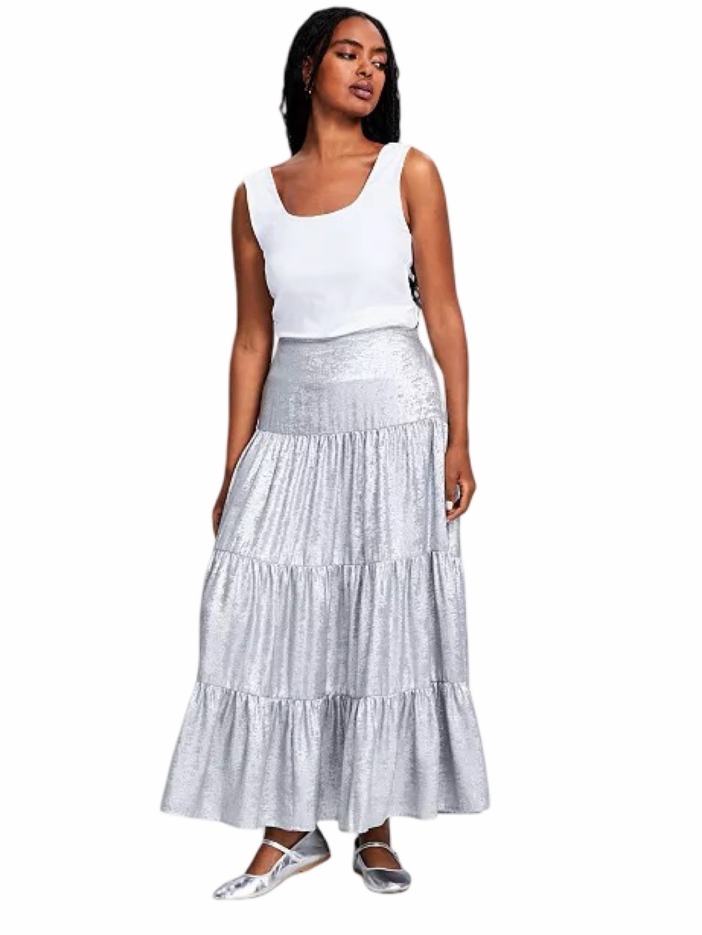 Women's Silver Tiered Midi Skirt